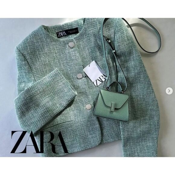 ZARA TEXTURED CROP BLAZER GREEN / ECRU XL NWT - Picture 8 of 10